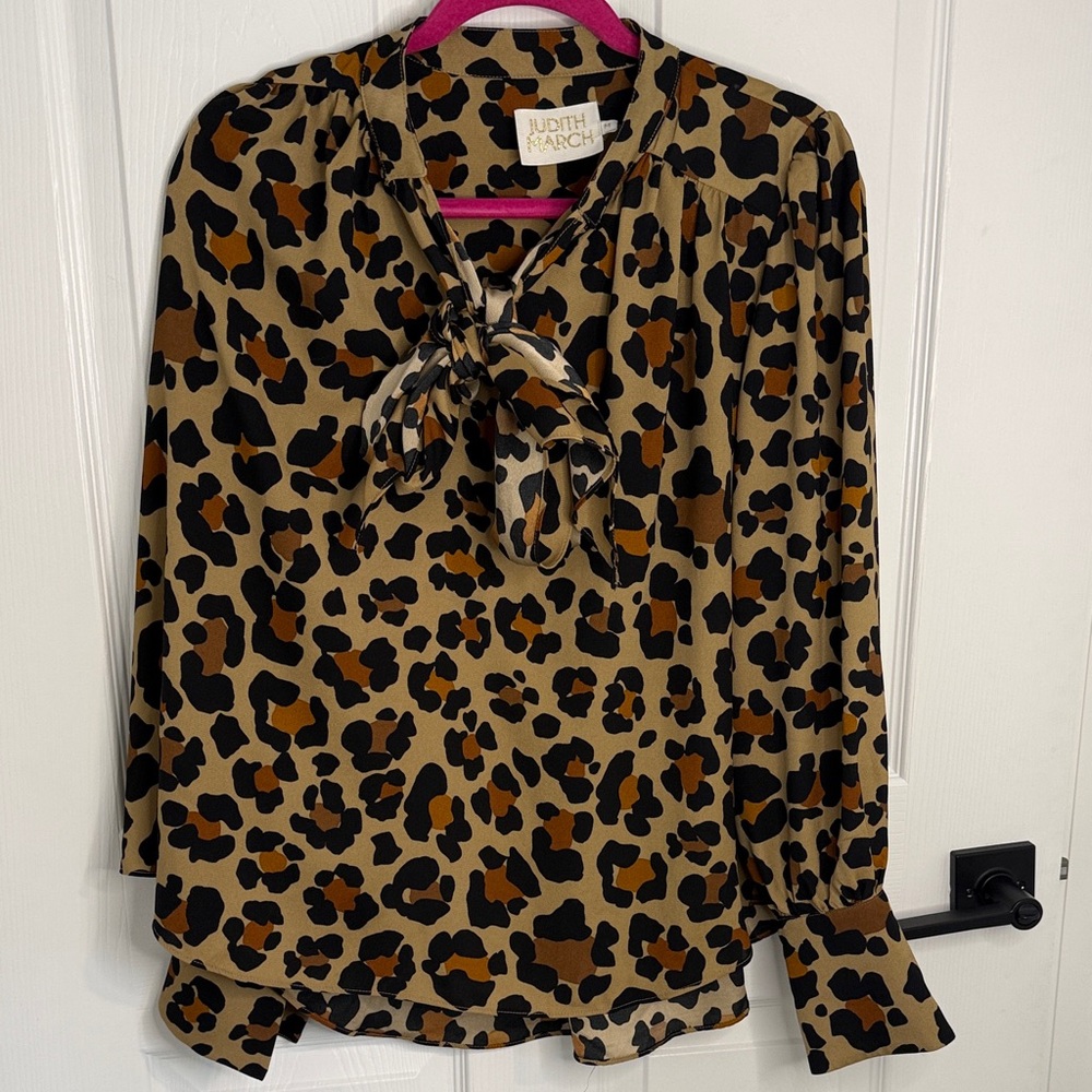 Judith March Leopard Print Tie-Neck Blouse in Tan, Black & Brown